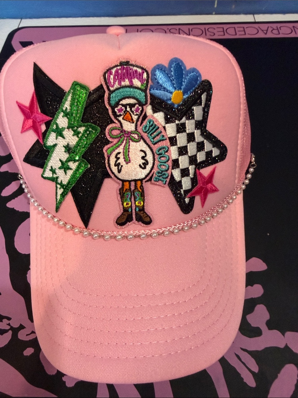 Pink Embellished Trucker Hat with Patches